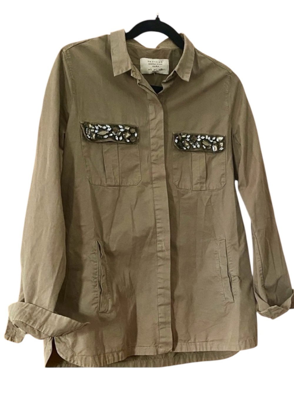 Zara Trafaluc Embellished Utility Jacket Olive Military Jeweled Pocket L